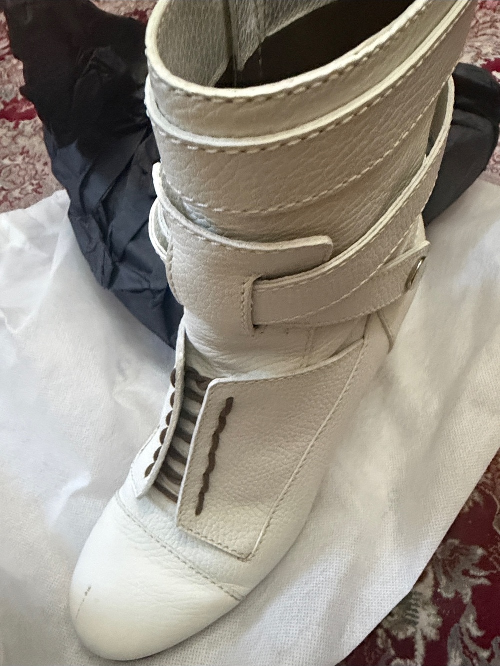 Fendi Cream Leather Ankle Boot with Strap Wrap